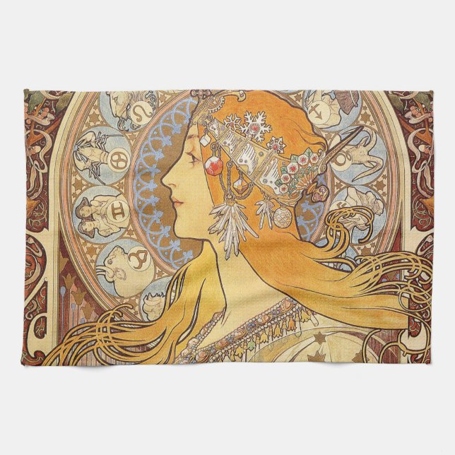 Alfonse Mucha Zodiac Art Nouveau Woman Tea Towel (Horizontal)