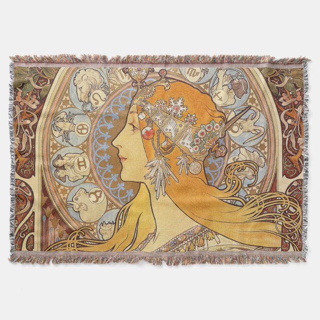 Alfonse Mucha Zodiac Art Nouveau Woman Throw Blanket (Front)