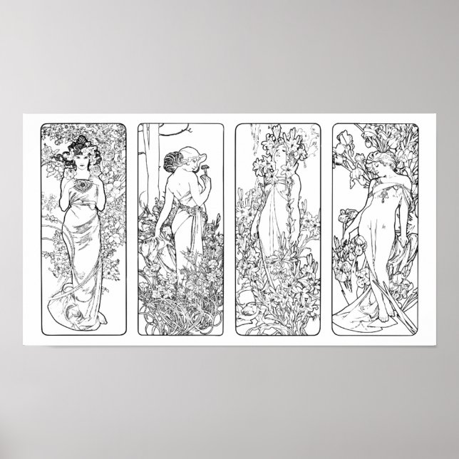 Alfonso Mucha - Four Seasons - black and white pos Poster (Front)