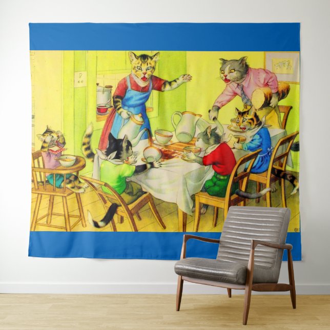 Alfred Mainzer cats Dinner Disaster print Tapestry (In Situ (Horizontal))