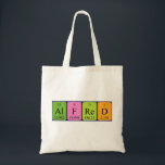 Alfred periodic table name tote bag<br><div class="desc">Alfred spelled out as Al F Re D (Aluminium Fluorine Rhenium Deuterium) on a bag for the scientist in you.</div>