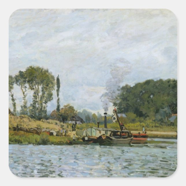 Alfred Sisley | Boats at the lock at Bougival Square Sticker (Front)