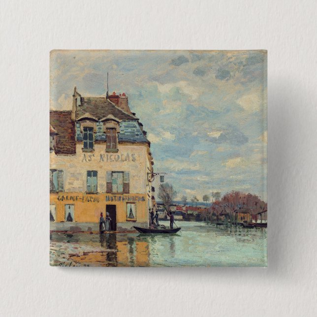 Alfred Sisley - Flood at Port-Marly 1872 15 Cm Square Badge (Front)