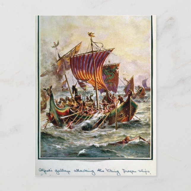 Alfred's galleys attacking the Viking Dragon Postcard (Front)