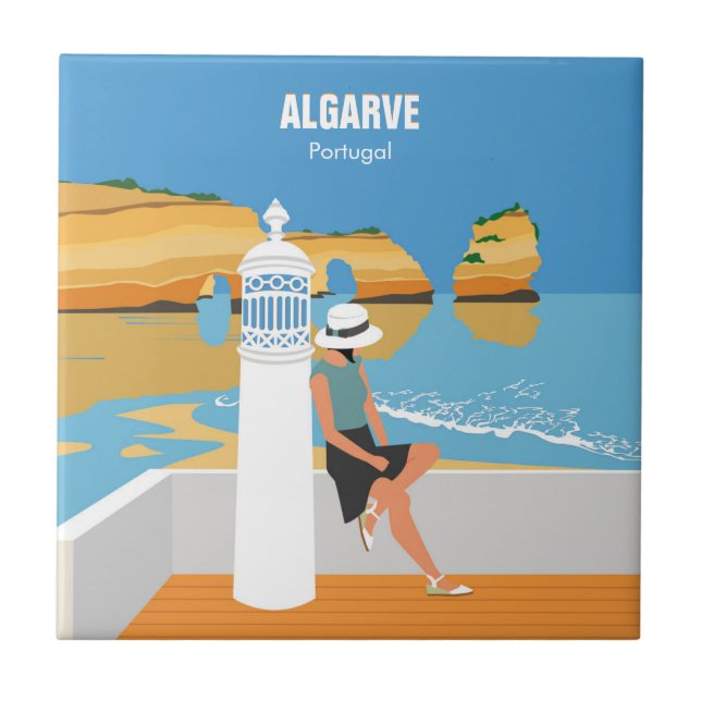 Algarve beach girl travel vintage style tile (Front)