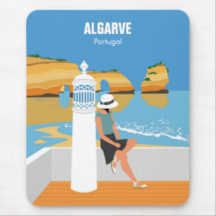 Algarve beach girl vintage sytle travel poster mouse mat
