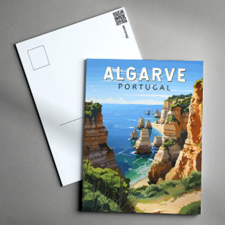 Algarve Portugal Travel Art Vintage Postcard
