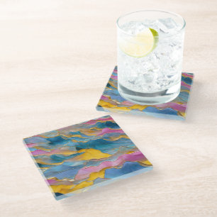 “Algeciras” Blue Pink Sand Waves Glass Coaster