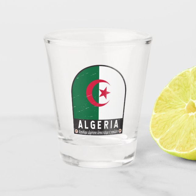 Algeria Flag Emblem Distressed Vintage Shot Glass (Front)