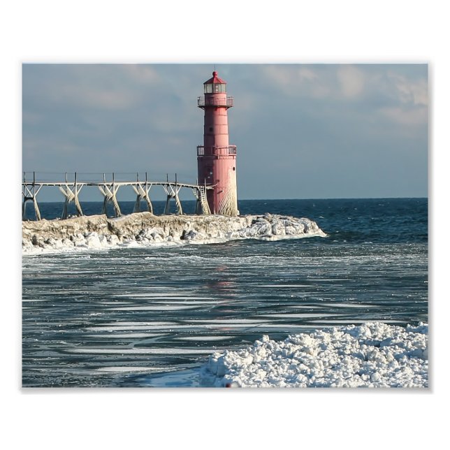 Algoma Wisconsin Lighthouse in Winter Photo Print (Front)