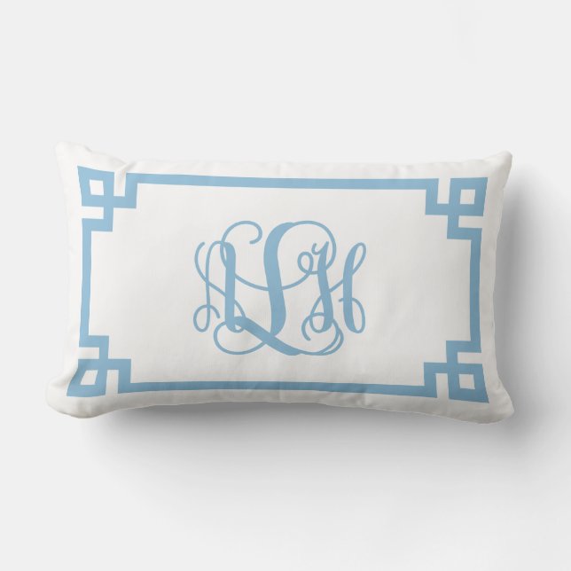 ALH Sky Blue Greek Key Script Monogram Lumbar Cushion (Front)