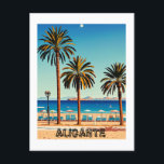 Alicante Spain Beach View Travel Postcard<br><div class="desc">A vibrant and colourful illustration of a picturesque coastal scene in Alicante, Spain. The image features a sandy beach leading down to a clear blue ocean, with a charming coastal town nestled against the backdrop of rolling hills. The colourful buildings and the palm trees add a touch of Mediterranean flair...</div>