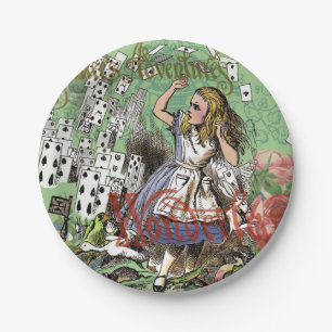 alice adventure cards wonderland hatter rabbit paper plate