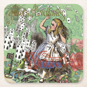 alice adventure cards wonderland hatter rabbit  square paper coaster