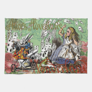 alice adventure cards wonderland hatter rabbit  tea towel