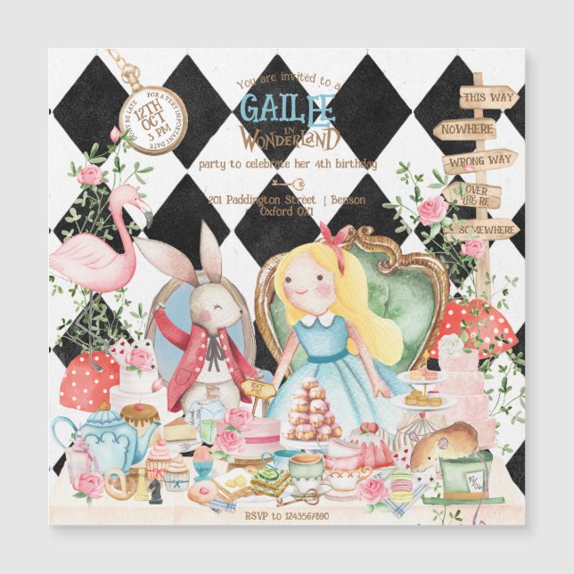 Alice Adventures in Woderland Birthday Tea Party Magnetic Invitation (Front)