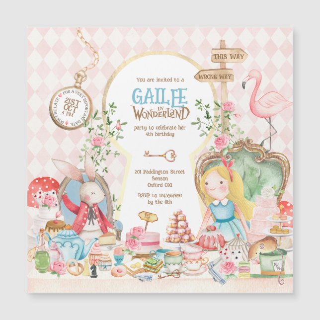 Alice Adventures in Woderland Birthday Tea Party Magnetic Invitation (Front)