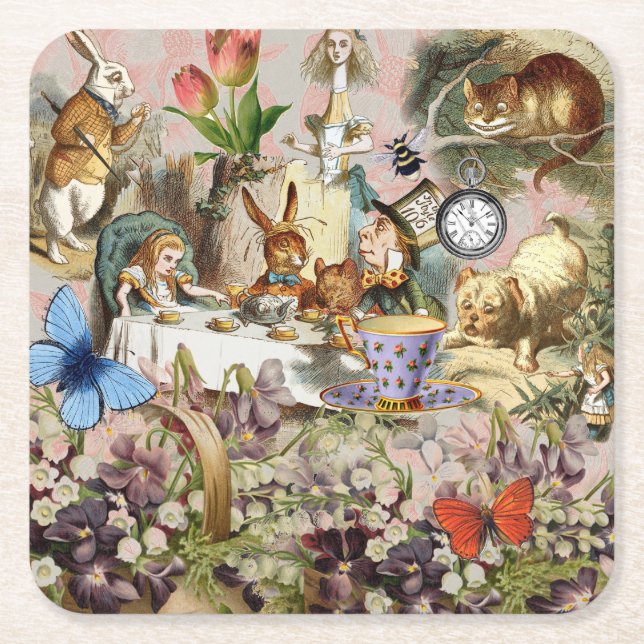 Alice Adventures in Wonderland Tea Party Art Square Paper Coaster (Front)