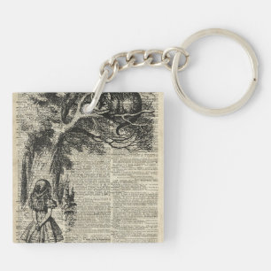 Alice and Cheshire Stencil Art On Old Book Page Key Ring