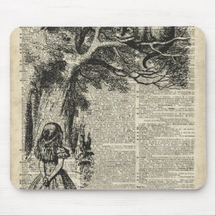 Alice and Cheshire Stencil Art On Old Book Page Mouse Mat