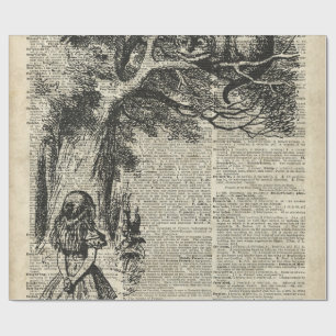 Alice and Cheshire Stencil Art On Old Book Page Wrapping Paper