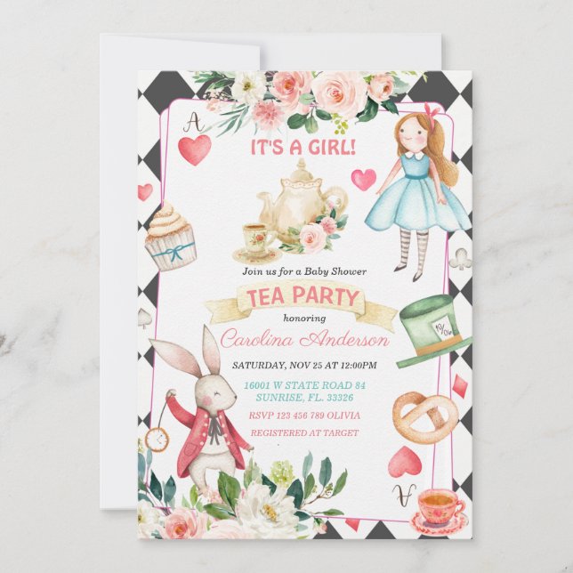 Alice and Rabbit Tea Party Baby Shower Invitation (Front)