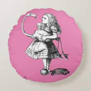 Alice and the Flamingo ( pink bkgrd ) Round Cushion