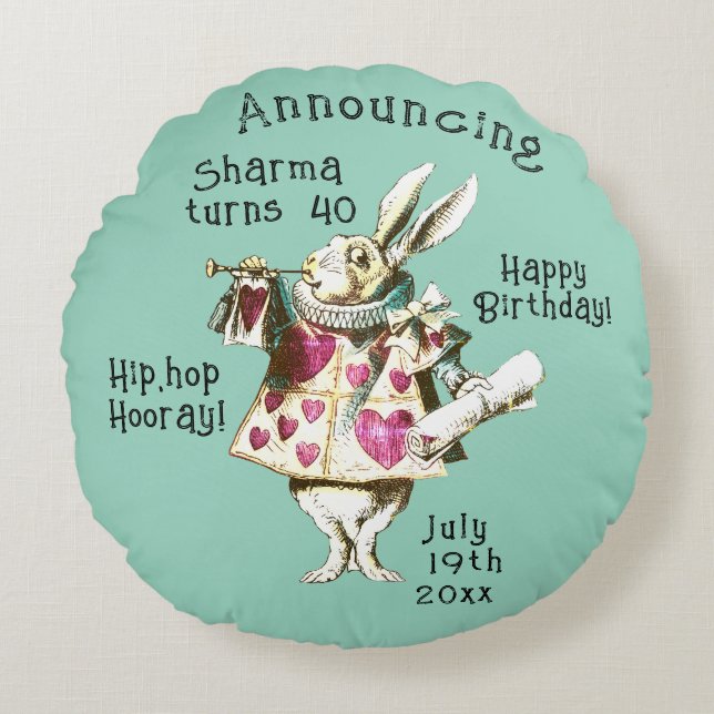 Alice and White Rabbit Happy Birthday Decree Round Cushion (Front)