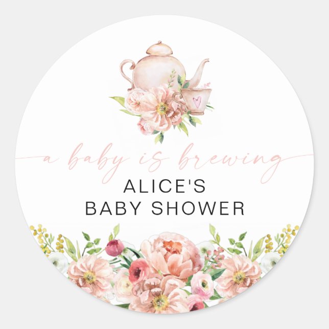 ALICE Blush Floral Baby Brewing Tea Party Favour Classic Round Sticker (Front)