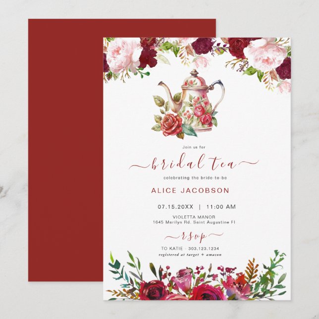 ALICE Blush Floral Bridal Tea Party Brunch Shower Invitation (Front/Back)