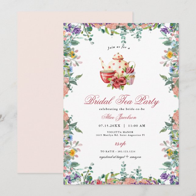 ALICE Blush Floral Bridal Tea Party Brunch Shower Invitation (Front/Back)