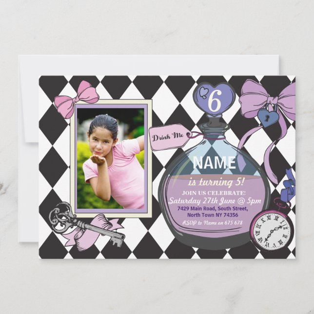 Alice Bow Wonderland Birthday Photo Invitation (Front)
