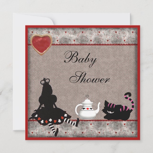 Alice & Cheshire Cat Baby Shower Tea Party Invites (Front)