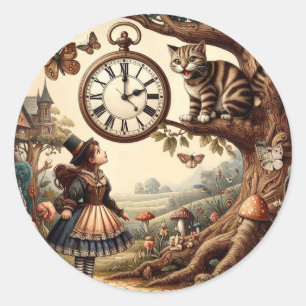 Alice & Cheshire Cat: Whimsical Wonderland Fantasy Classic Round Sticker