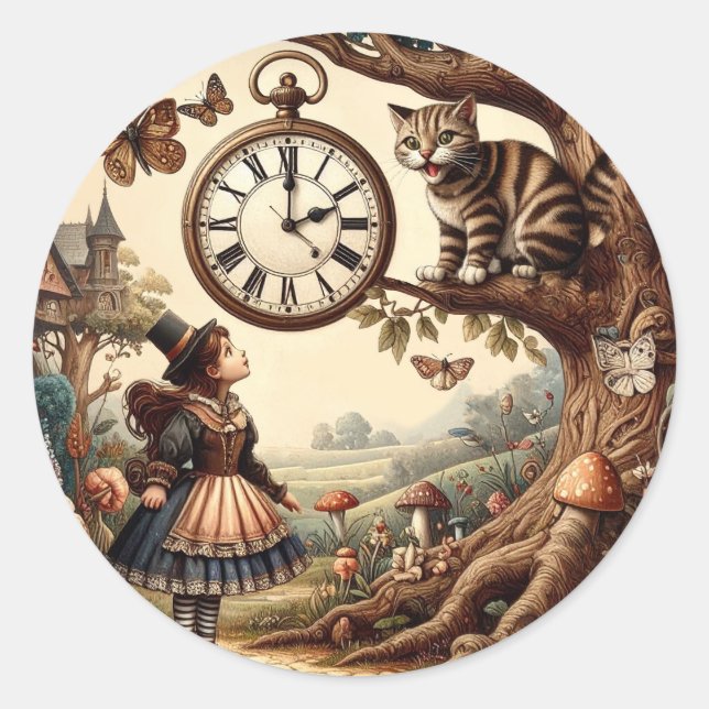 Alice & Cheshire Cat: Whimsical Wonderland Fantasy Classic Round Sticker (Front)