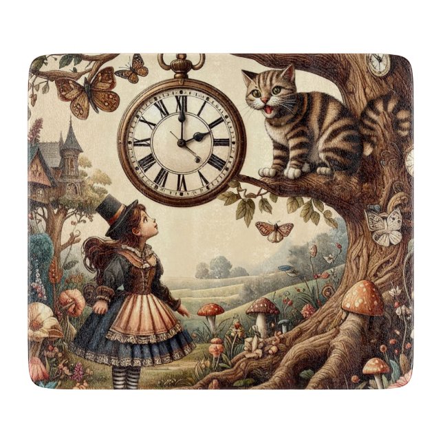 Alice & Cheshire Cat: Whimsical Wonderland Fantasy Cutting Board (Front)