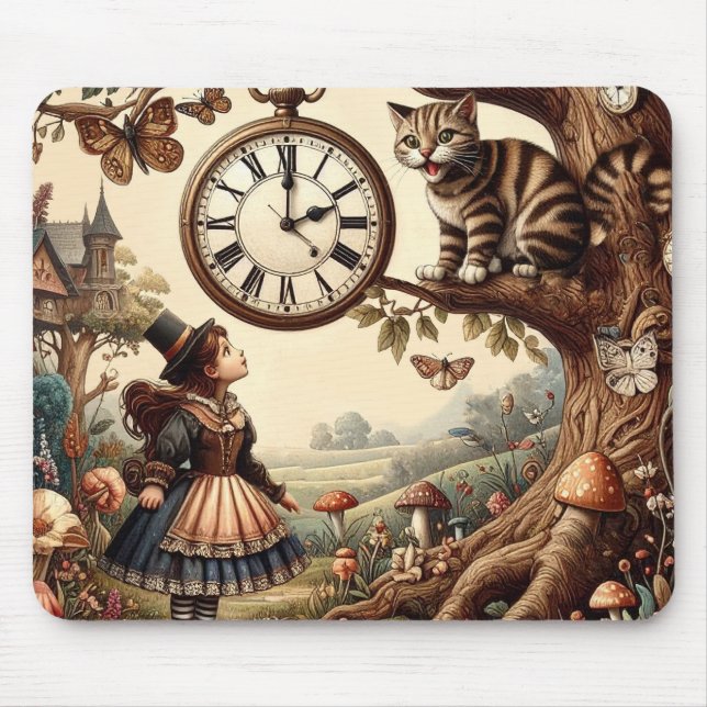 Alice & Cheshire Cat: Whimsical Wonderland Fantasy Mouse Mat (Front)