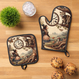 Alice & Cheshire Cat: Whimsical Wonderland Fantasy Oven Mitt & Pot Holder Set