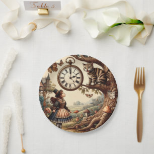 Alice & Cheshire Cat: Whimsical Wonderland Fantasy Paper Plate