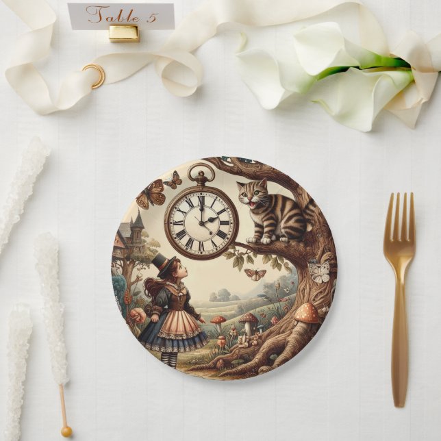 Alice & Cheshire Cat: Whimsical Wonderland Fantasy Paper Plate (Wedding)
