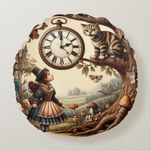 Alice & Cheshire Cat: Whimsical Wonderland Fantasy Round Cushion