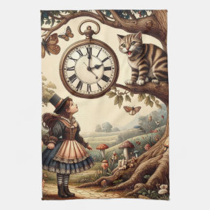 Alice & Cheshire Cat: Whimsical Wonderland Fantasy Tea Towel