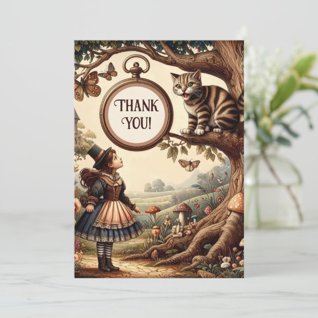 Alice & Cheshire Cat: Whimsical Wonderland Fantasy Thank You Card (Standing Front)