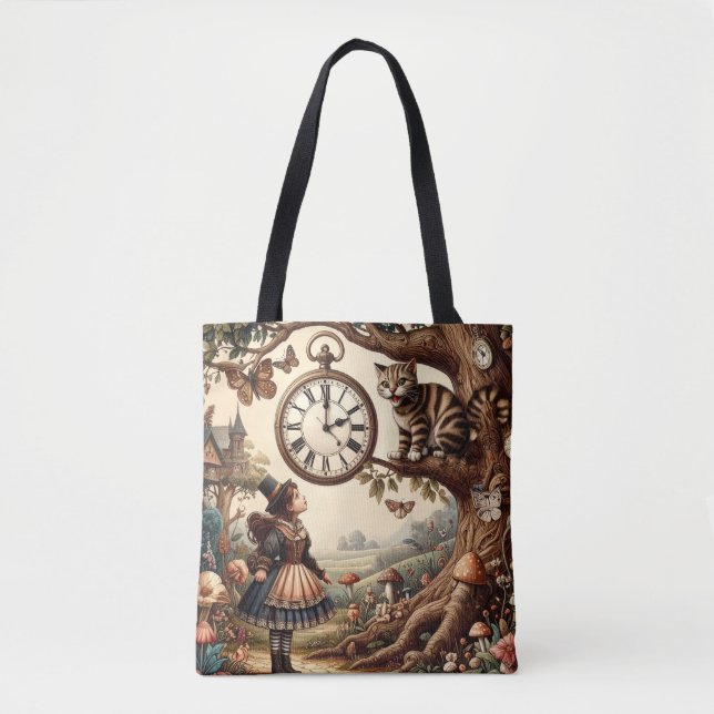 Alice & Cheshire Cat: Whimsical Wonderland Fantasy Tote Bag (Front)