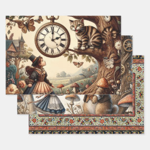 Alice & Cheshire Cat: Whimsical Wonderland Fantasy Wrapping Paper Sheet