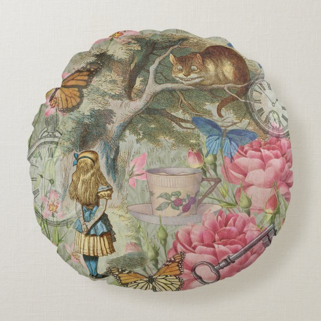 Alice Cheshire Cat Wonderland Tree Garden Round Cushion (Front)