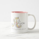 Alice decorative name and meaning mug<br><div class="desc">Decorative hand drawn capital A with name and meaning mug. Fun doodled A design featuring hearts and flowers and the words Alice Noble, strong yet tender and sweet. © Words and unique design by Sarah Trett. www.sarahtrett.com for www.mylittleeden.com on zazzle</div>