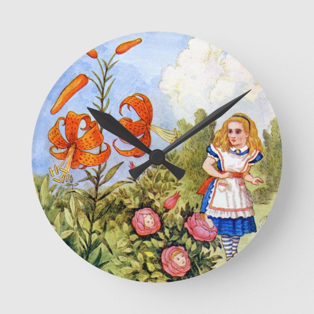 Alice Encounters Talking Flowers in Wonderland Round Clock (Front)