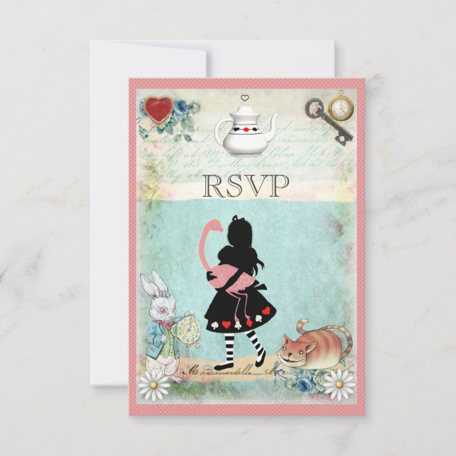Alice, Flamingo & Cheshire Cat RSVP Card (Front)