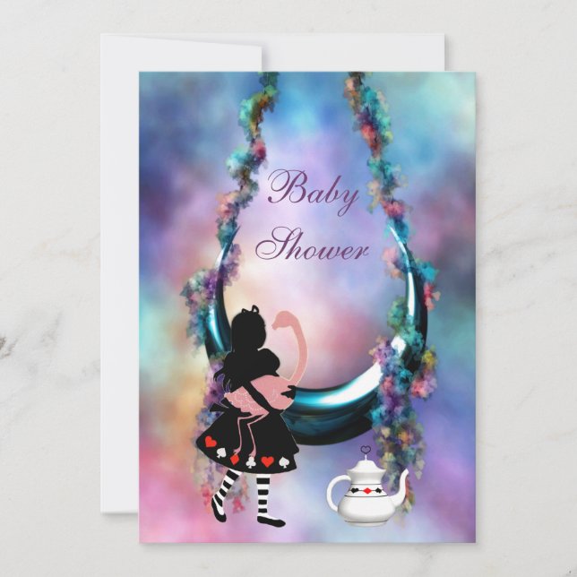 Alice & Flamingo Hanging Moon Baby Shower Invitation (Front)
